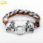 mens braided stainless steel skull charms leather bracelet brown