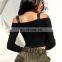 2020 new arrival women zip up leather adjustable tape Off shoulder long sleeve T-shirt short crop top