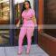 Wholesale Fashion  2 Piece Two Piece Womens High Elastic Belt V neck Tracksuit Crop Top Set