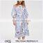 Wholesale Apparel Off The Shoulder 3/4 Length Lantern Sleeve Tie Waist Ladies Vertical Striped Floral Dress