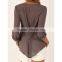 Grey Long Sleeve Chiffon Blouse Shirt Fall Deep V Neck Buttoned Back High Low Asymmetric Loose Casual 2016 Women Top 4 Colors