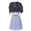 2017 summer stripe dress office formal collar neck blue white stripe cape sleeve lace twill patch work midi dress instock