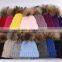 Fashion Fuchsia winter fur hat wool knitted beanie hat with fur pompoms on top KZ160075
