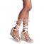 Ladies handmade wholesale snake print design tie up ankle strap closed toe wedge heel sandals shoes