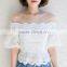 Women fashion white off shoulder boat neck short sleeve lace top blouse