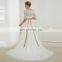 EBX-65 Subtle short sleeve lace cover long train Gold beading belt satin wedding dress