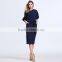 2016 Summer Latest Fashion Women Midi Dresses Ladies Round Neck Half Sleeve Waist Belt Bow Royal Blue Slim Bodycon Pencil Dress