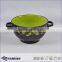 Ceramic stoneware soup bowl with handle with handprinted flowers