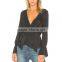 Frilled wrap design chic long sleeve black peplum blouse for women