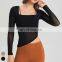 Custom Quick Dry Tshirt Breathable Mesh Square Neckline Sports Tops Women Long Sleeve Design Yoga T shirt With Fixed Padded