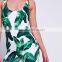 Scoop neck sleeveless palm leaf print one piece women tight latex catsuit