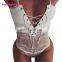 Deep Lace Up V Neck One Piece White Lace Sexy Transparent Bodysuit