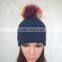 Myfur Navy Color Adults Winter Wool Beanie with Raccoon Fur Pompom Top