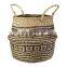 HBK foldable black patterned seagrass laundry rattan natural flower pot storage belly basket