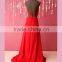 Backless coral polyester chiffon bridesmaid dress