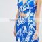 Ladies clothing beautiful backless new cut out blue satin fabric digital print dress