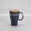 Ceramic Mug with Bamboo Lid and Ceramic Spoon, Stoneware with Solid Color