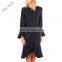 Winter Ladies Navy Delicate Ruffle Accent O-Neck Bell Sleeve Midi Dresses