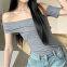 Pure lustful hot girl streamer one-shoulder chest T-shirt women's summer sexy temperament irregular waist short sleeves