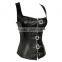 Women Retro Goth Brocade Faux Leather Steampunk Buckle Up Zipper Overbust Corsets Bustiers