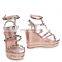 Women rose gold nappa wedge heel with studded detail, ankle strap & rope trim ankle double strap sandals shoes
