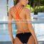 Polyester Bikini flexible backless two piece hollow padded skinny style patchwork Solid orange Sold By Set