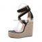 women unique cheap price good quality high heels contrast color cross belts ankle buckle wedges platform sandals shoes(LAJWG0003