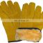 White Fur Lined Stripe Cotton Back Yellow Cow Split Leather Working Leather Gloves