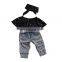 3Pcs Set Fashion Children Girls Clothes 2017 Summer Off Shoulder Dot Tank Tops+Hole Jean Denim Pant Headband Kid Kids Clothing