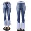 Retro high waist two-color stitching belt women's denim flared pants