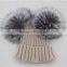 Myfur Bright Orange Wool Beanie with Detachable Double Real Silver Fox Fur Pompoms