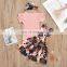 Hot sale floral pattern gallus dress and short sleeve top matching headband 3pcs baby girls clothes set