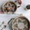 Flower Pattern Round Seagrass Serving Tray With Carrying Handle Vietnam Supplier