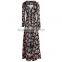 European Women Chiffon Dress Floral Print High Split Deep V-Neck Long Sleeves Button Maxi Dress Black