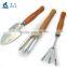 Green product hand holding wooden handle garden tool set