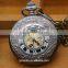 Classic black stainless steel roman number skeleton back light mens mechanical pocket watch
