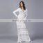 2016 Summer Hot Sexy Women Deep V Neck Full Length Party Dresses Ladies Long Sleeve White Lace See Through Dress