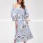 Wholesale Apparel Off The Shoulder 3/4 Length Lantern Sleeve Tie Waist Ladies Vertical Striped Floral Dress