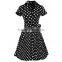 2016 Summer Fashion Women Bow Front Midi Dresses Ladies Casual Lapel Collar Short Sleeve Tunic Cotton Polka Dot Dress