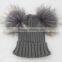 Myfur Dark Grey Wool Knitting Hat With Detachable Raccoon Fur Pom Poms
