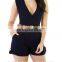 2016 baiyimo women sexy sleeveless deep v neck sold color with waistband short jumpsuit