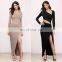 Elegant Plain Long Sleeve Shift Maxi Dress with Front Slit and Cut Outs