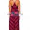 2015 latest new casual dress designs navy glue wine red stripe deep V neck high low slit summer maxi sun dress