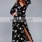2017 long sleeve V neck black floral midi dress for women