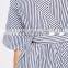 Hot sale sexy V Neck design 1/2 Sleeve Tops kimono style Cotton Blue Striped Women Casual blouse With Self-tie waist belt