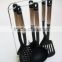 Passing SGS senior 7-pieces black nylon kitchen utensil set with stainless steel hollow handle and metal stand 001A