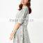 Female money shallow hemp grey knitted rabbit dot printing on the waist rope bat sleeve dress