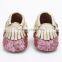 Multicolor sequin fringed leather baby moccasins, sequin baby moccasin