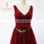 Newest Fashion Low V Backless Gold Metal Belt V Neckline Sequined Beaded Tulle Burgundy Long Evening Dresses 2016