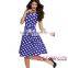 Classic Wholesale Blue Polka Dot Bohemain Print Latest Office Dress With Keyholes